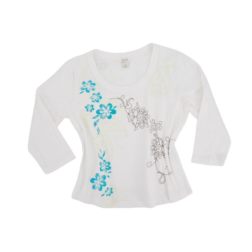 Christopher & Banks White Floral Top Turquoise Paisley Scoop Neck 3/4 Sleeve
